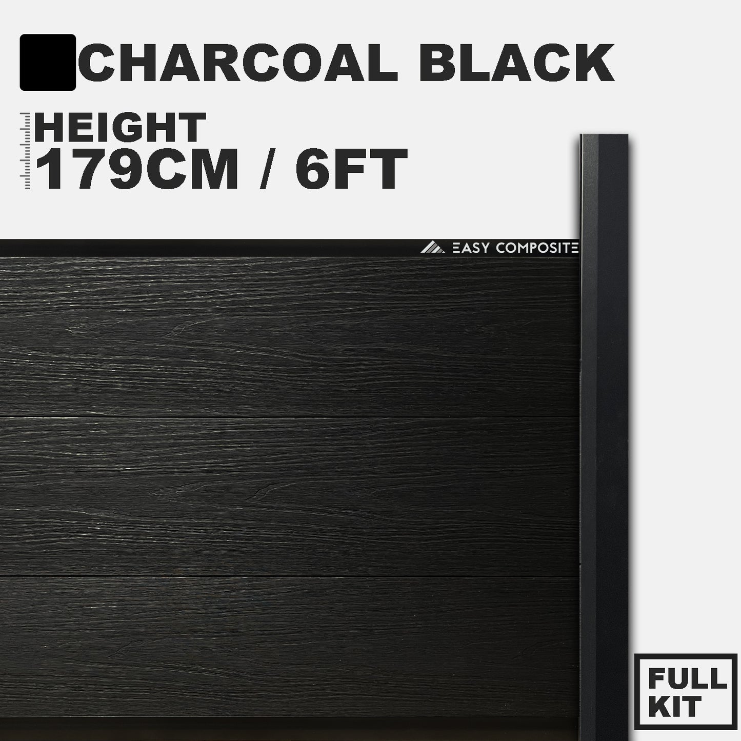 6ft(H) Composite Fencing Kit For Concrete Post - Woodgrain Finish Charcoal Black