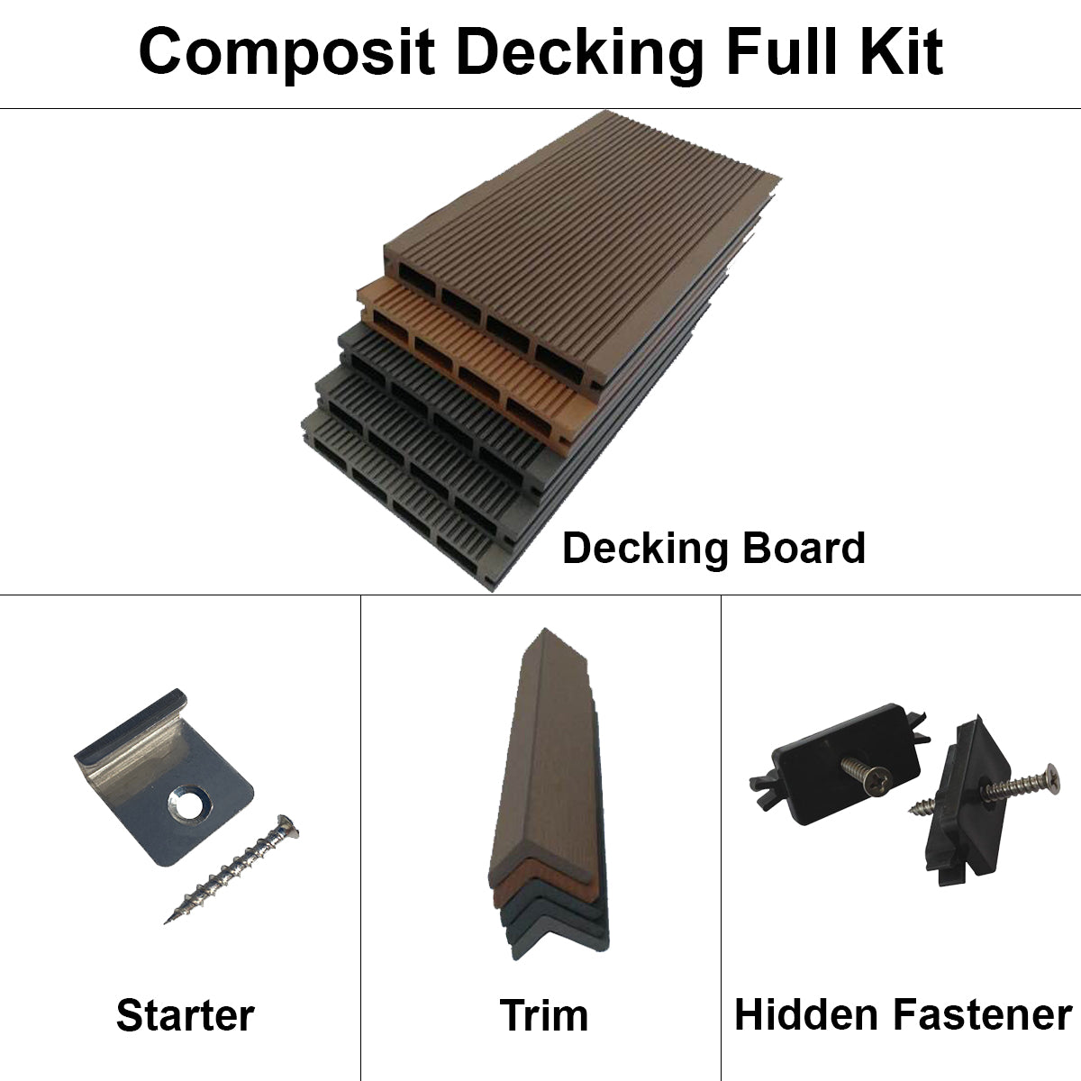 EasyComposite™ WPC Composite Decking Full Kit including fixings trims joists